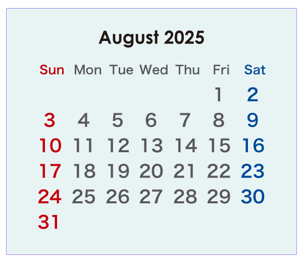 2025年のオーストラリアのカレンダー 8月