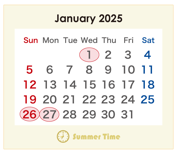 2025年のオーストラリアのカレンダー 1月
