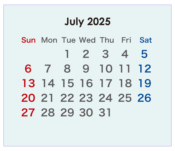 2025年のオーストラリアのカレンダー 7月