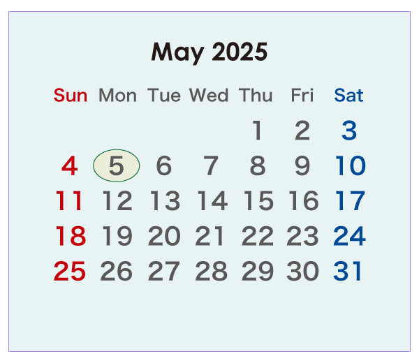 2025年のオーストラリアのカレンダー 5月