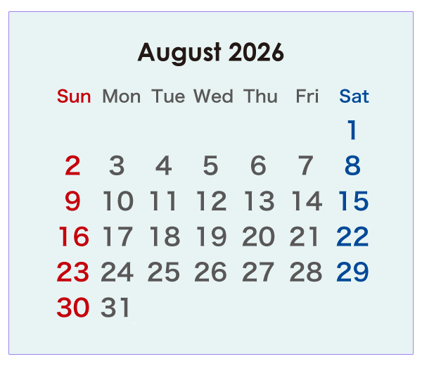 2026年のオーストラリアのカレンダー 8月