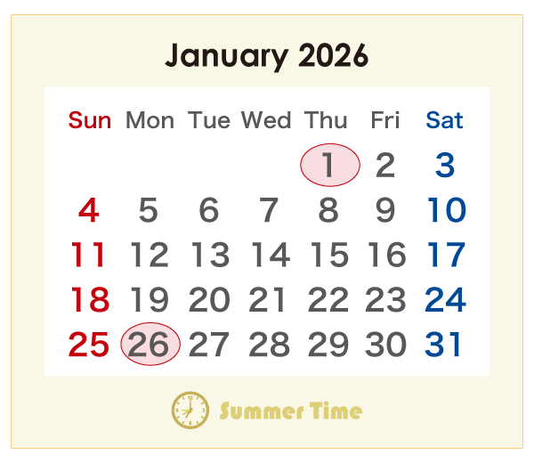 2026年のオーストラリアのカレンダー 1月