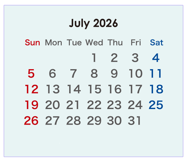 2026年のオーストラリアのカレンダー 7月