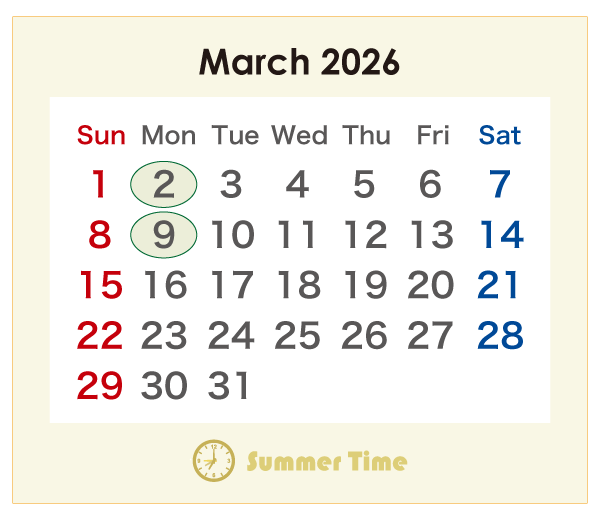 2026年のオーストラリアのカレンダー 3月