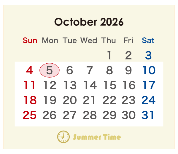 2026年のオーストラリアのカレンダー 10月