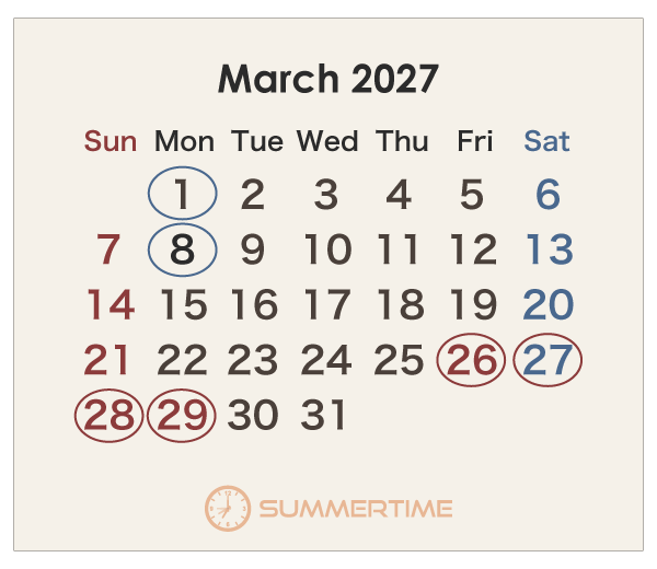 2027年のオーストラリアのカレンダー 3月